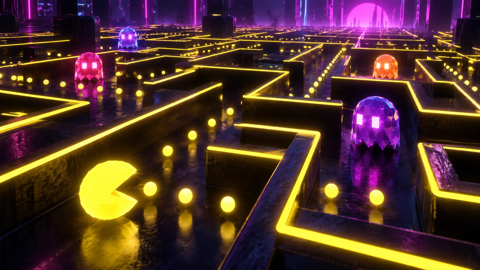 Collage of 3D Pac-Man game screenshots showing modern graphics and ray-traced lighting