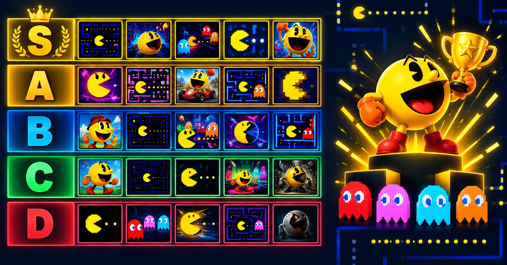 Tier list ranking S A B C D of Pac-Man variants with icons