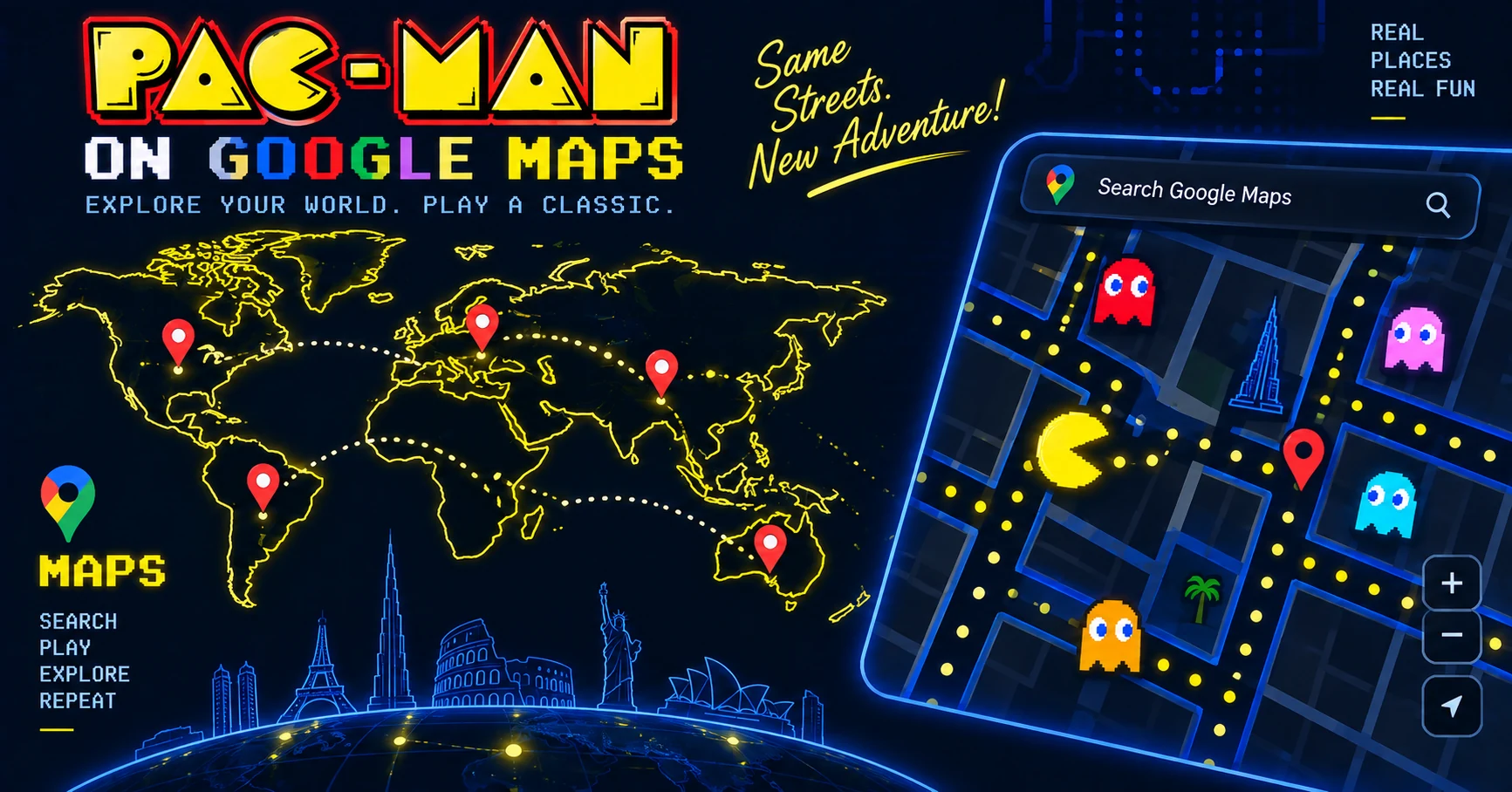 Google Maps Ms Pac-Man Easter egg screenshot