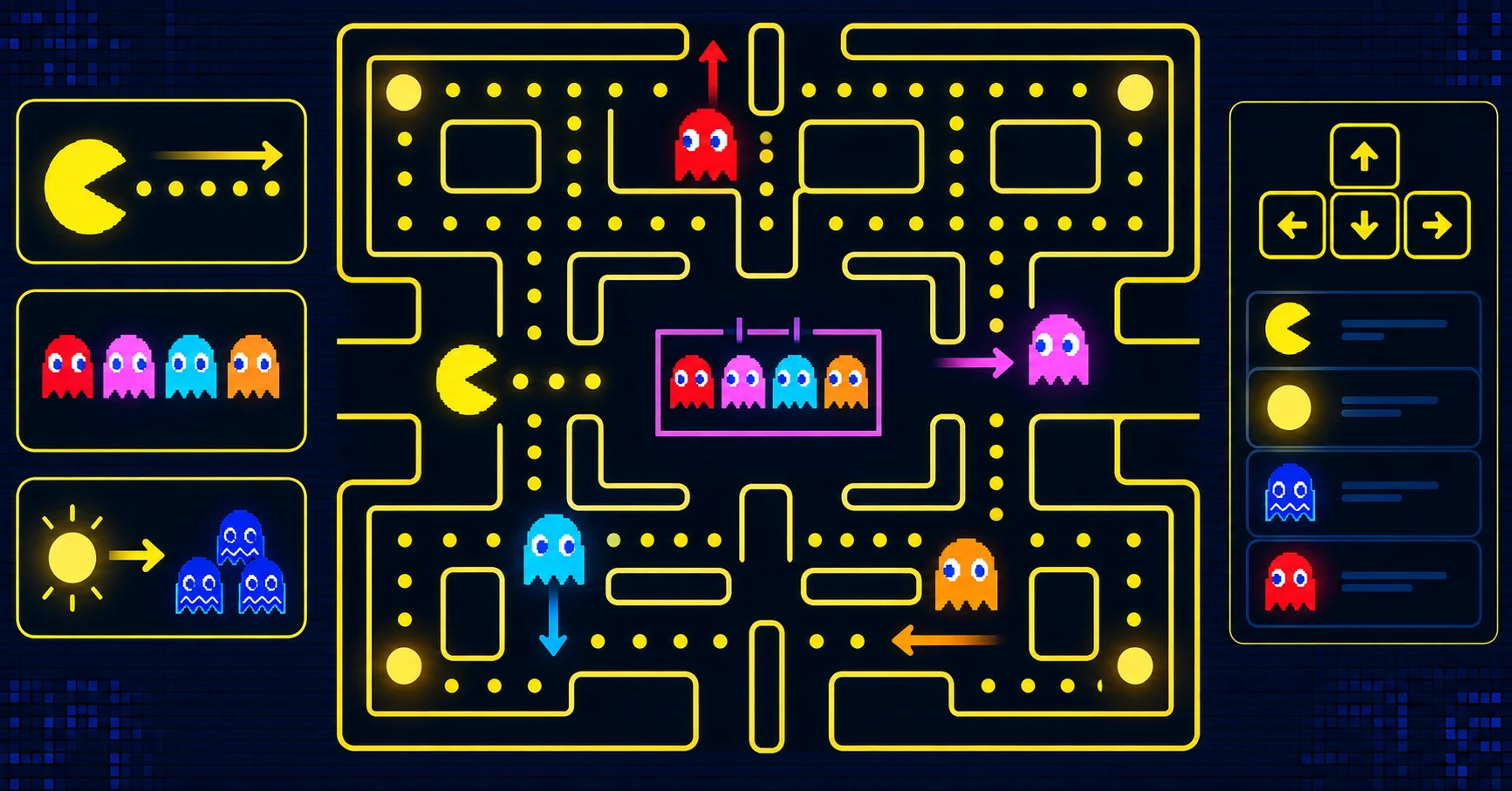 Beginner playing Pac-Man showing controls, dots, and ghost positions