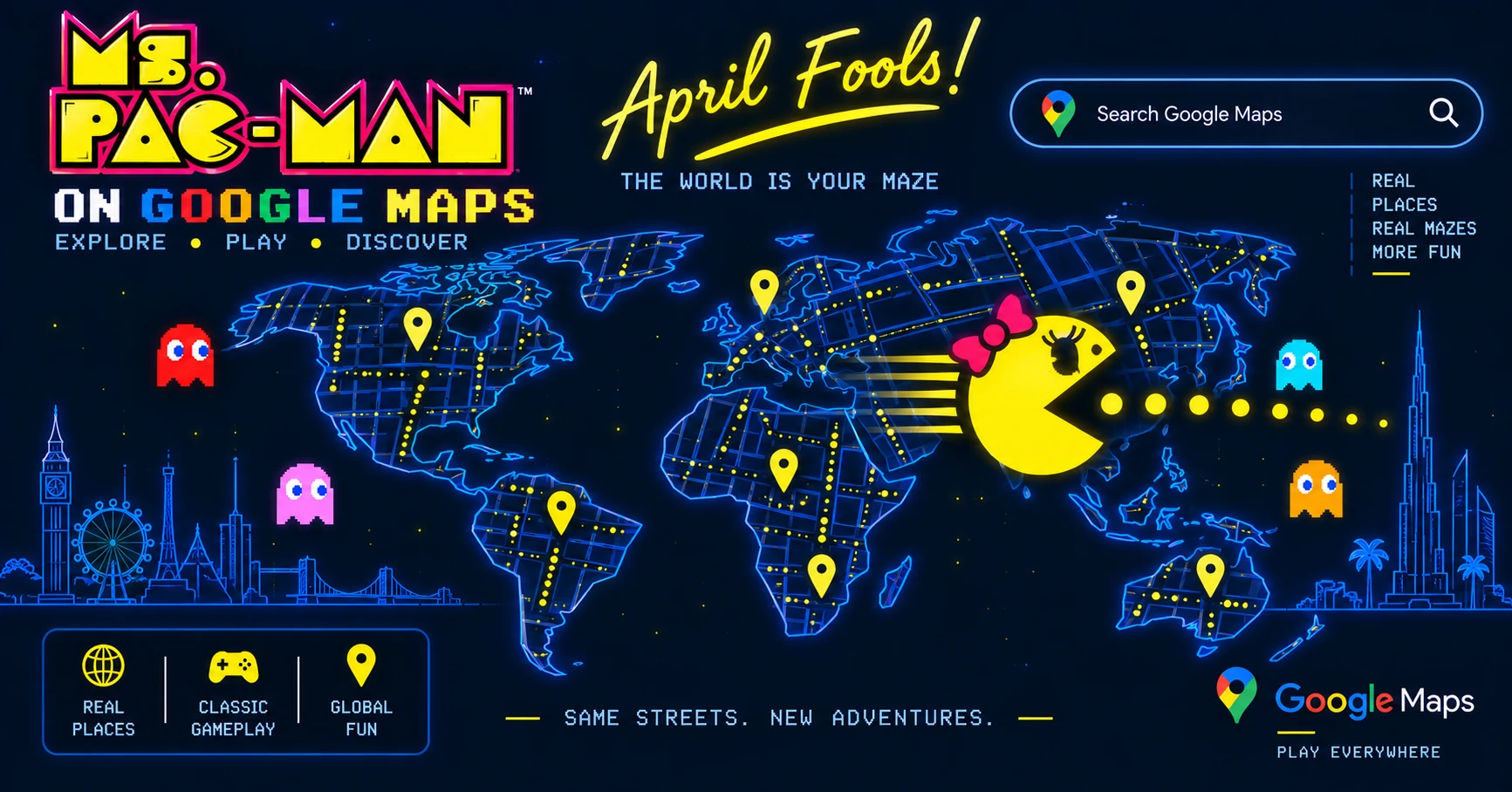 Ms Pac-Man playing on Google Maps street view