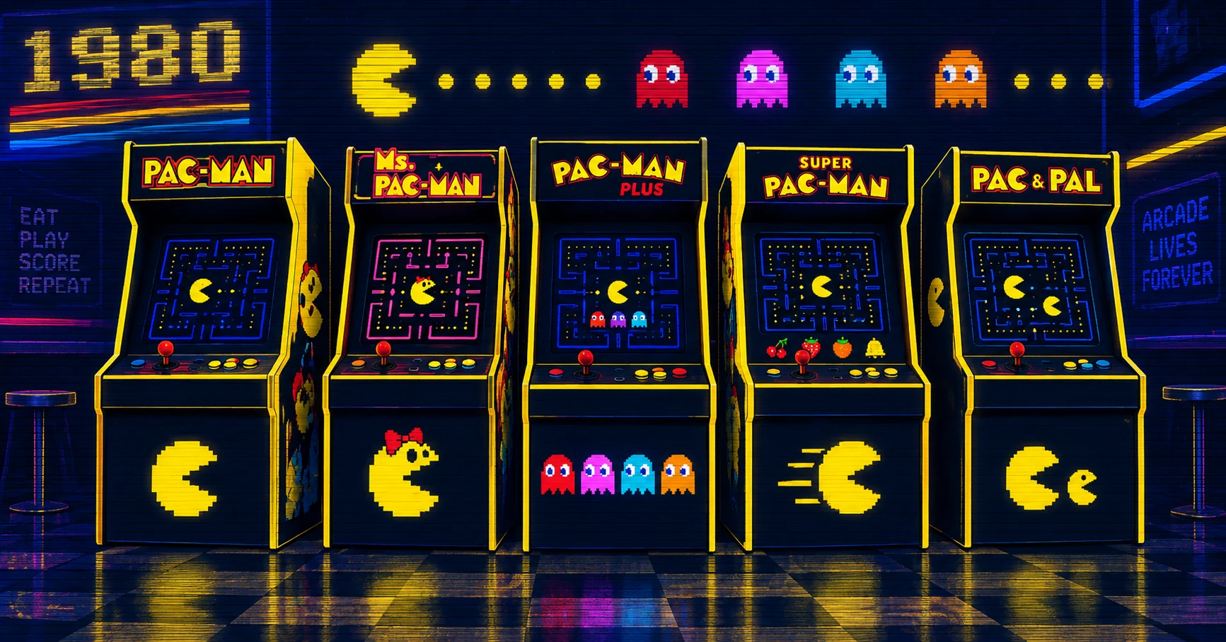 Row of classic Pac-Man arcade cabinets from the 1980s