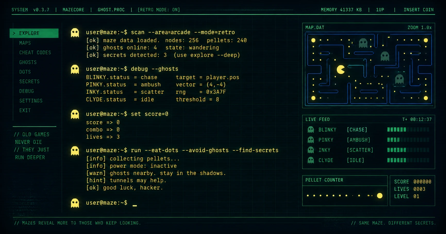 Retro cheat code screen with Pac-Man ghosts and mystery codes