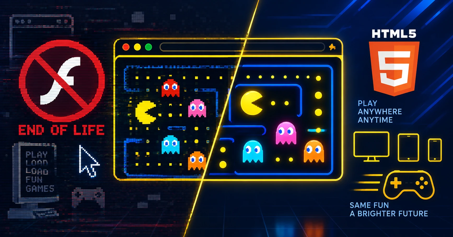 Retro screenshot of classic Flash Pac-Man games from mid-2000s Flash portals