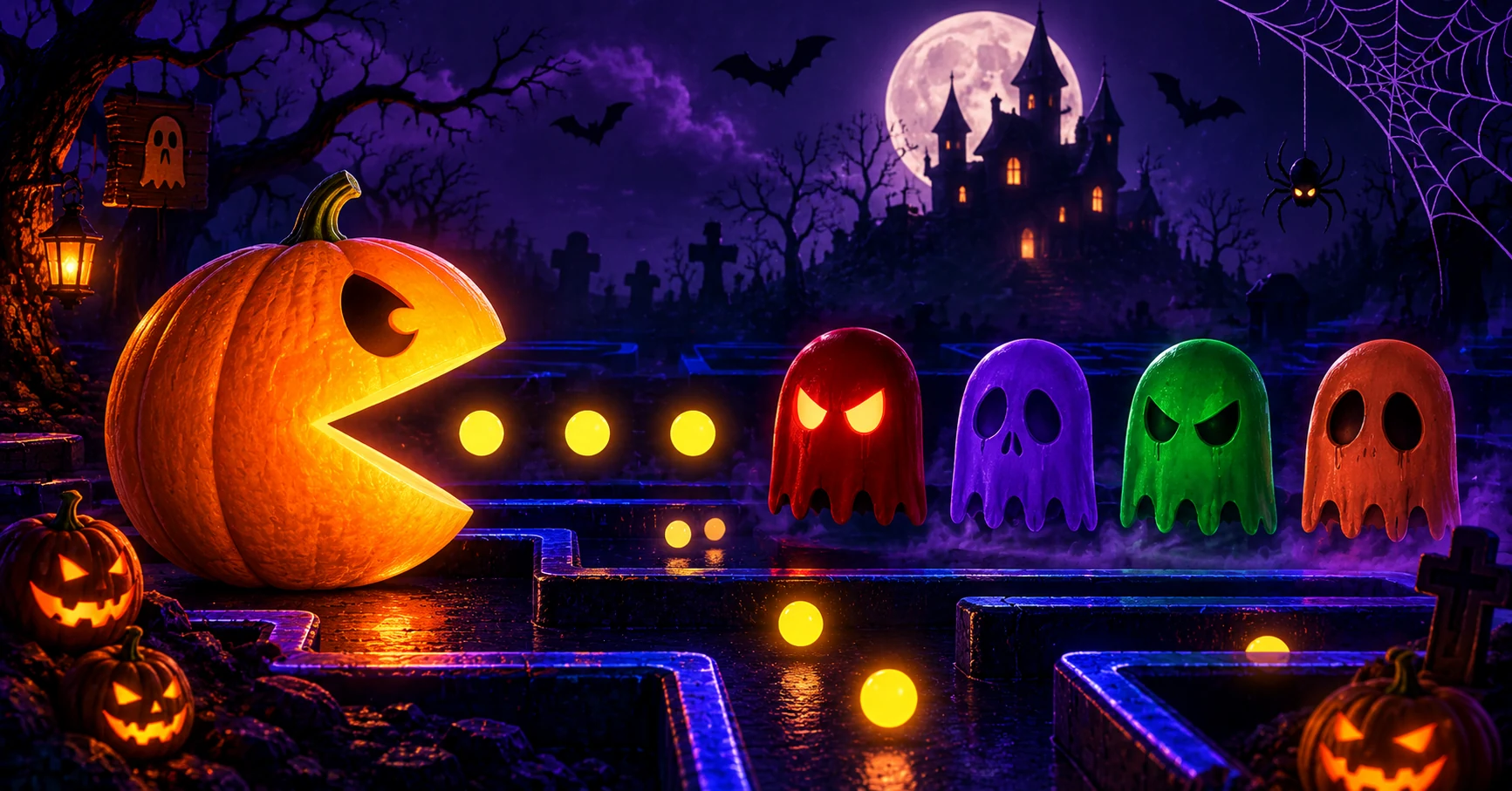 Halloween Pac-Man with pumpkin theme and skeleton ghosts