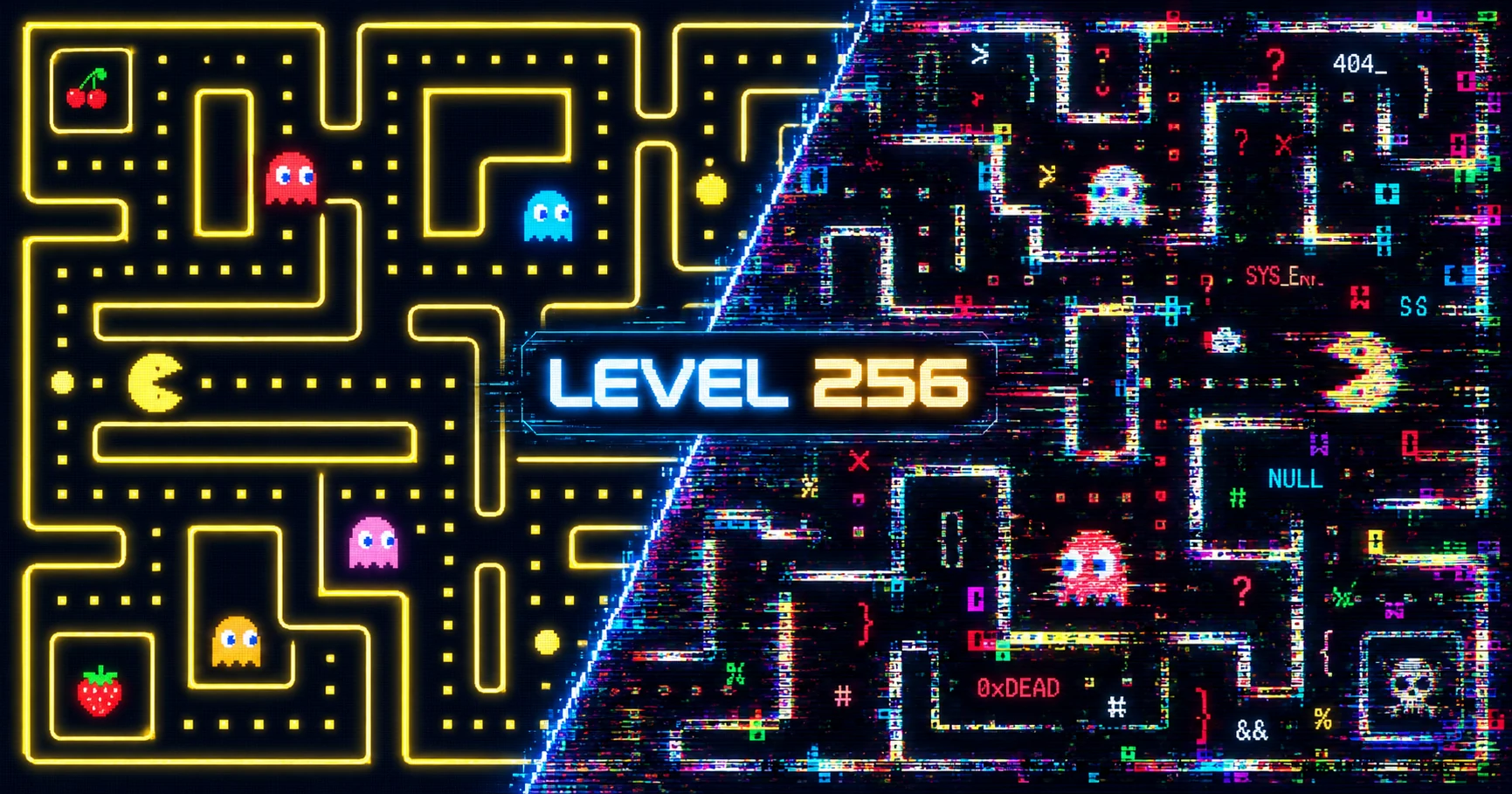 The famous Pac-Man level 256 kill screen with corrupted graphics