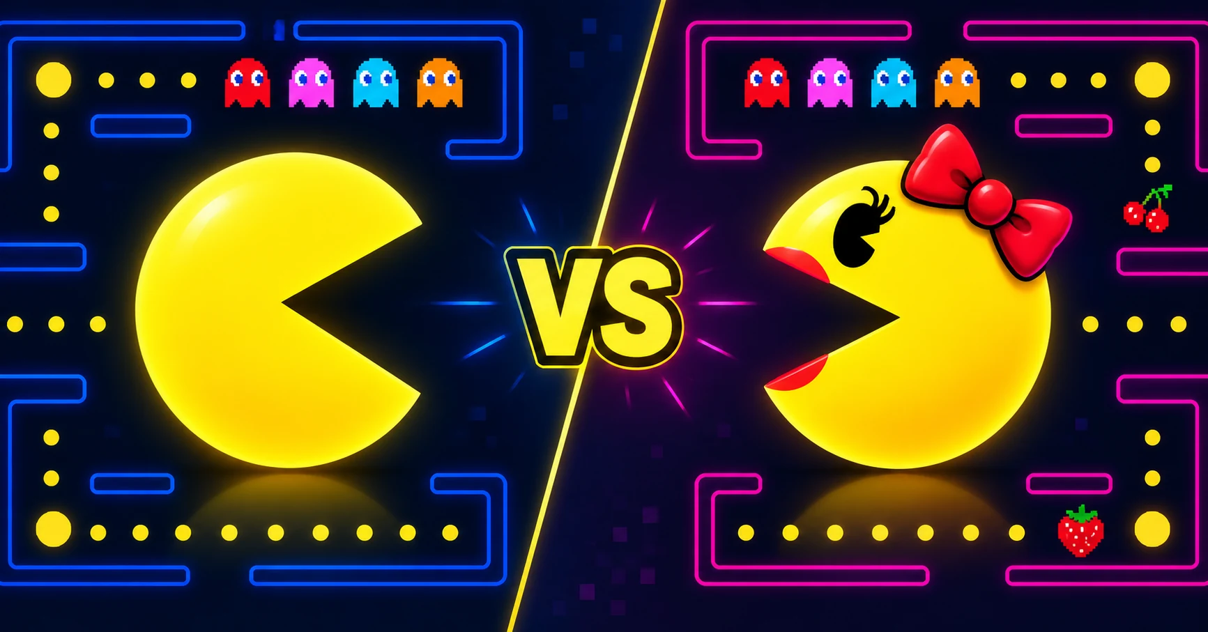 Side by side comparison of Pac-Man and Ms Pac-Man characters
