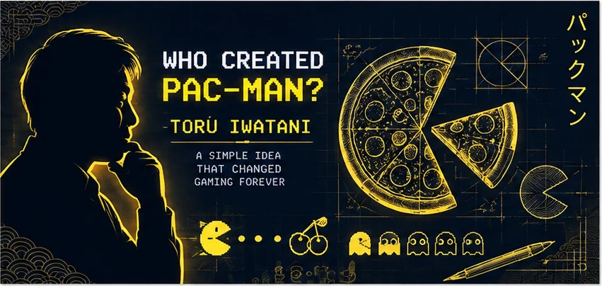 Toru Iwatani portrait with original Pac-Man arcade design sketches